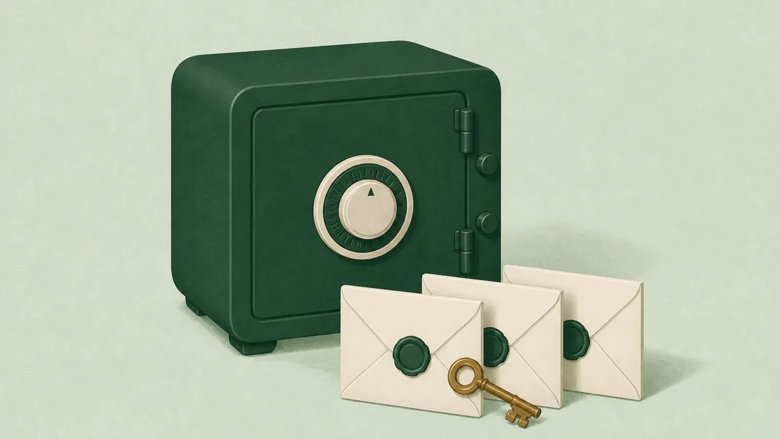 Soft illustration of a vault door beside three sealed envelopes, each with its own small key