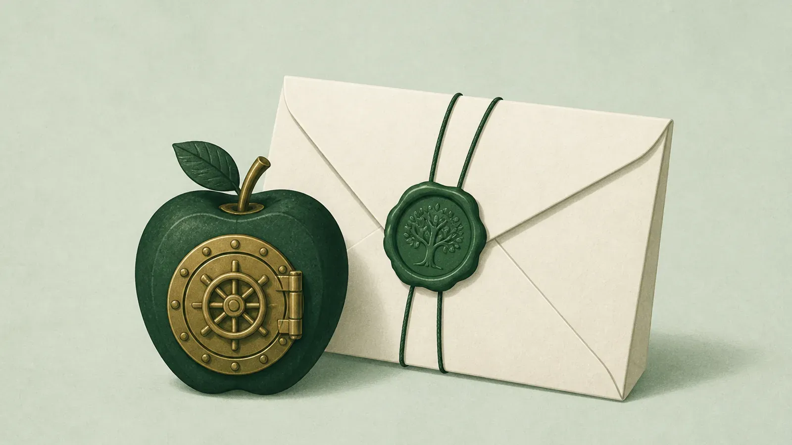Soft illustration of an apple-shaped vault seal beside a sealed family envelope on a mint green surface
