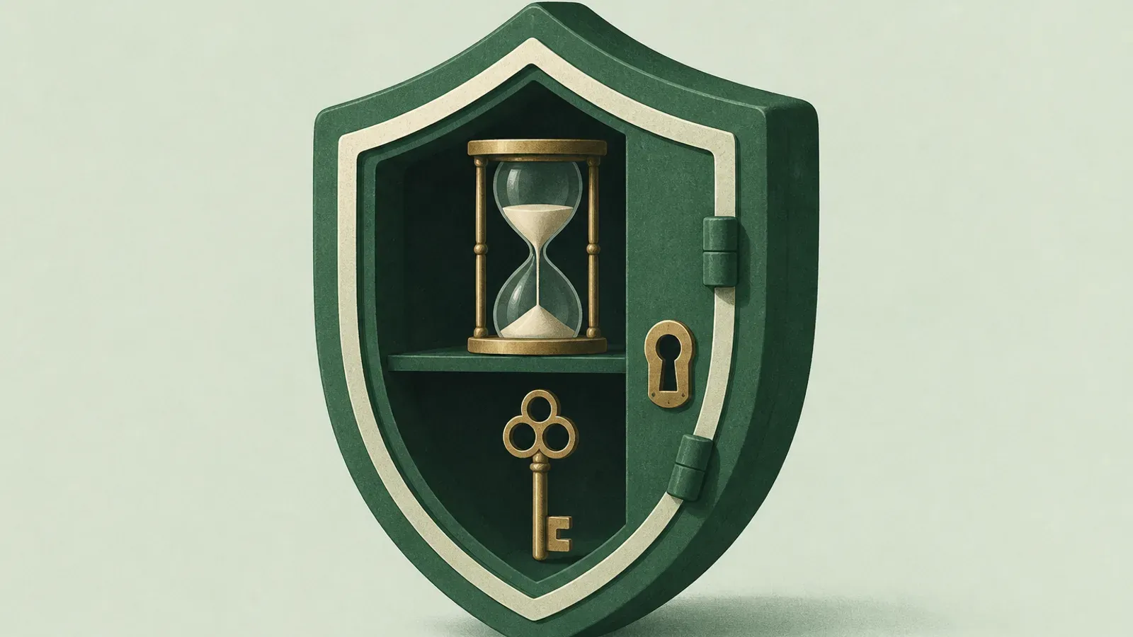 Soft illustration of a shield vault with a waiting hourglass and a shared key silhouette