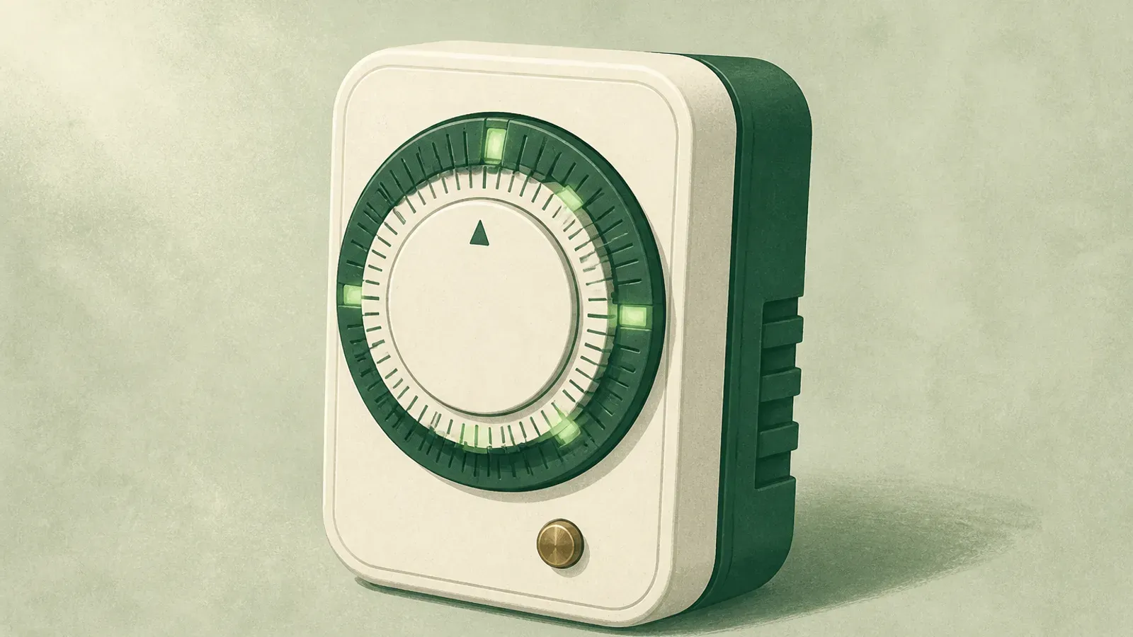 Soft illustration of a calm mechanical timer switch with soft green indicator lights