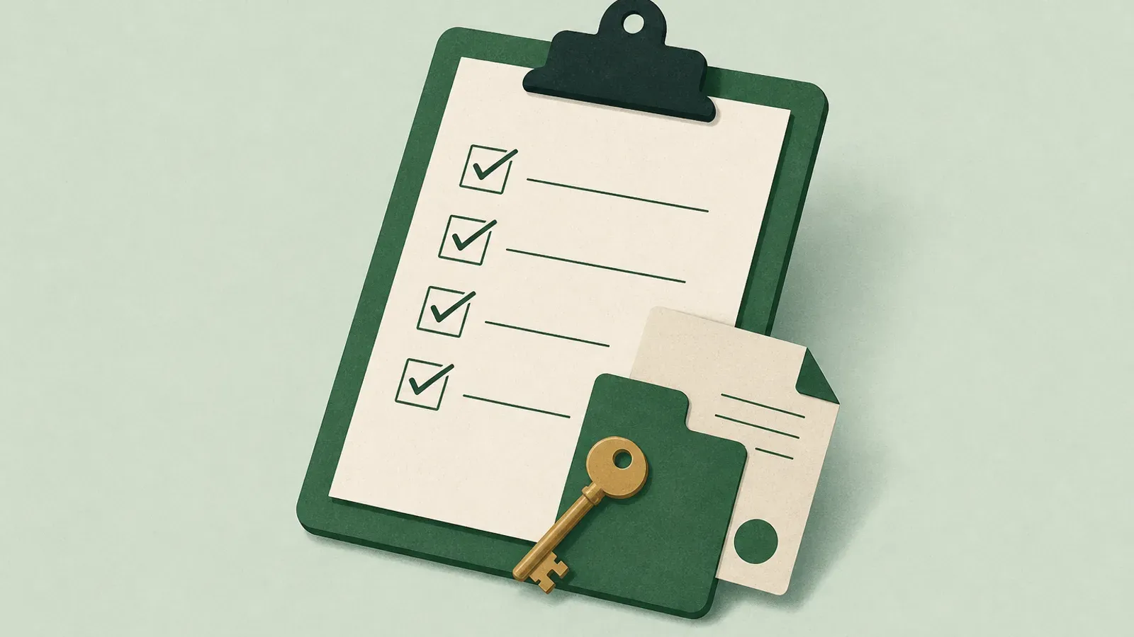 Soft illustration of a neat checklist clipboard with small key and document icons