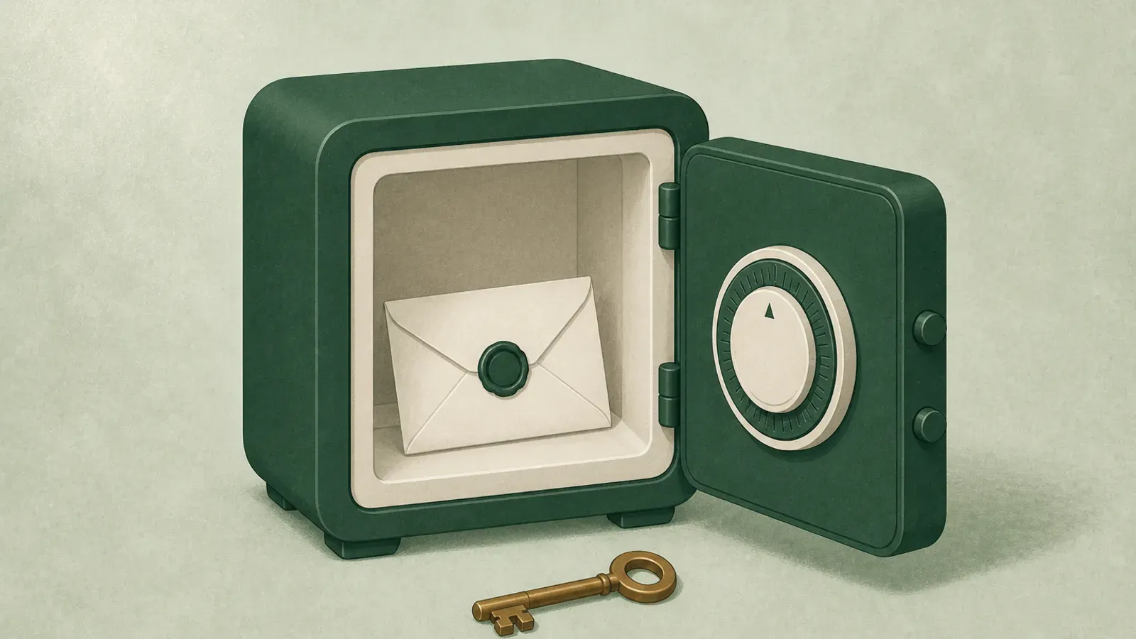 Soft illustration of an open vault door with a sealed envelope and a single brass key