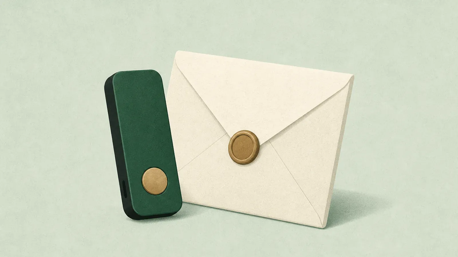 Soft illustration of a hardware wallet silhouette next to a sealed envelope for heirs
