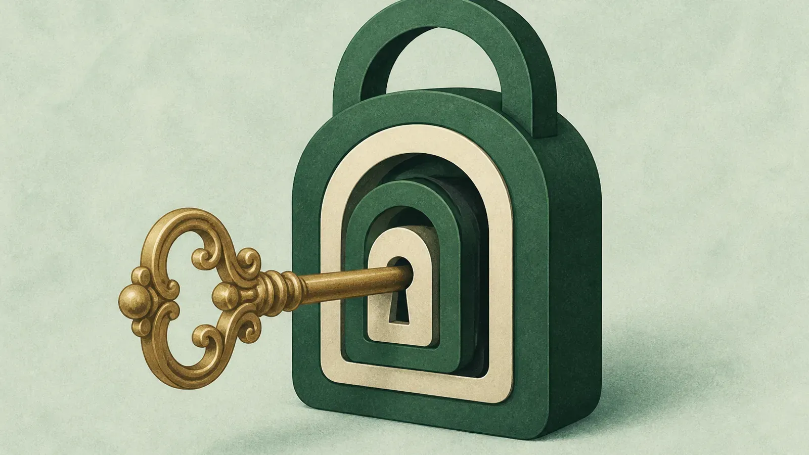 Soft illustration of a single ornate key unlocking a nested set of smaller locks
