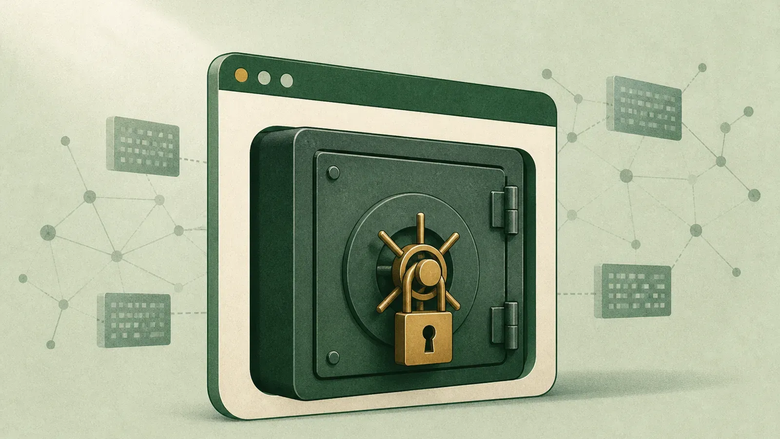 Soft illustration of a browser window wrapping a locked vault with faint open network nodes and ciphertext blocks