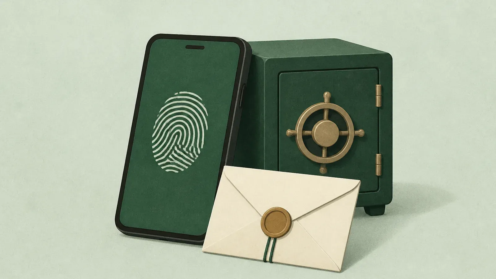 Soft illustration of a phone with a biometric mark beside a small vault, sealed envelope, and security key