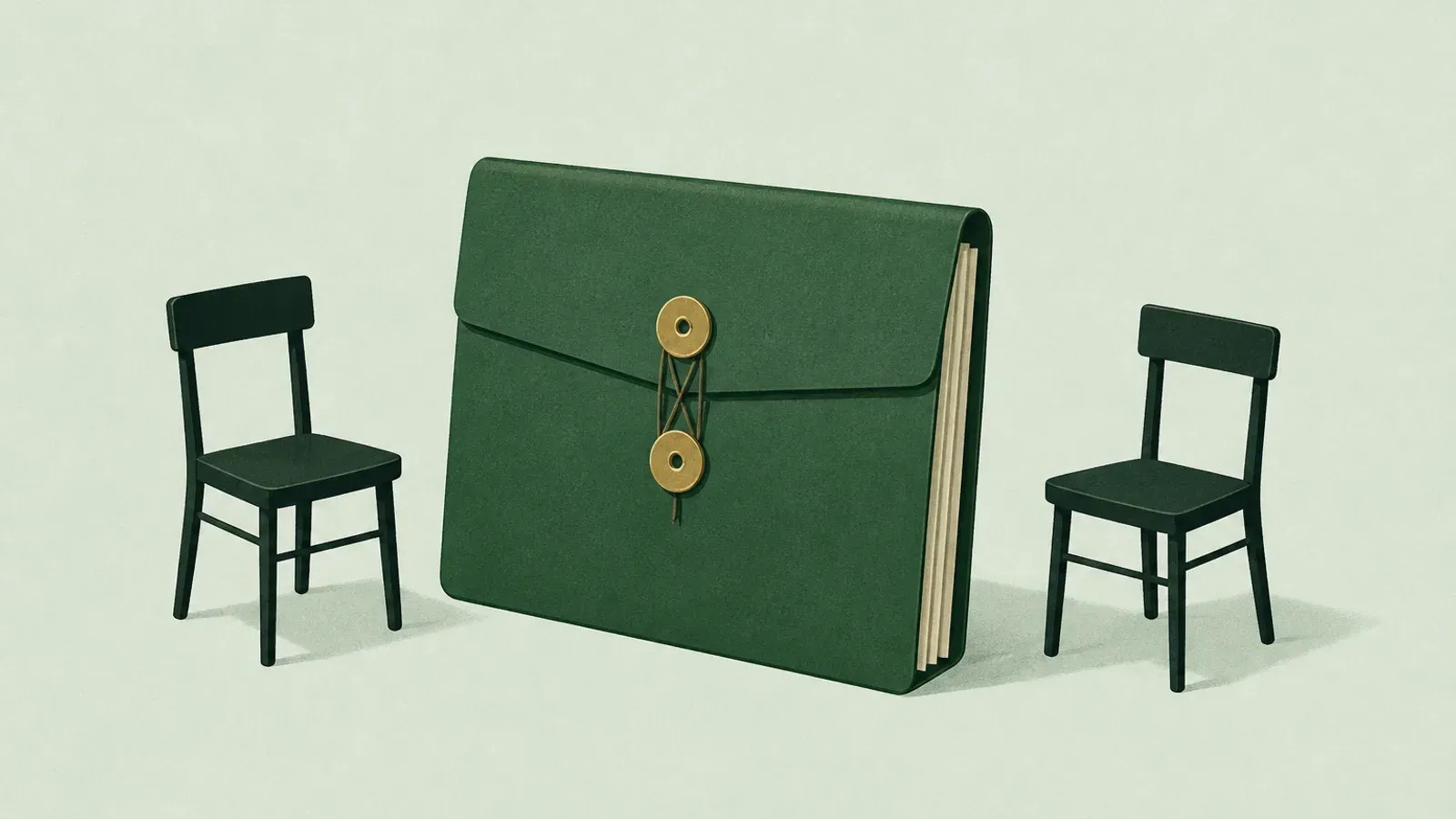 Soft illustration of a sealed plan folder standing between two empty chairs