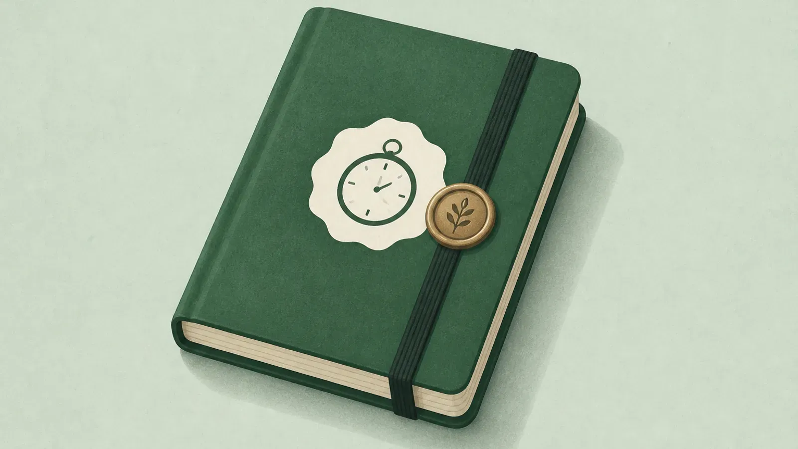 Soft illustration of a sealed notebook with a calendar timer and a quiet press badge shape