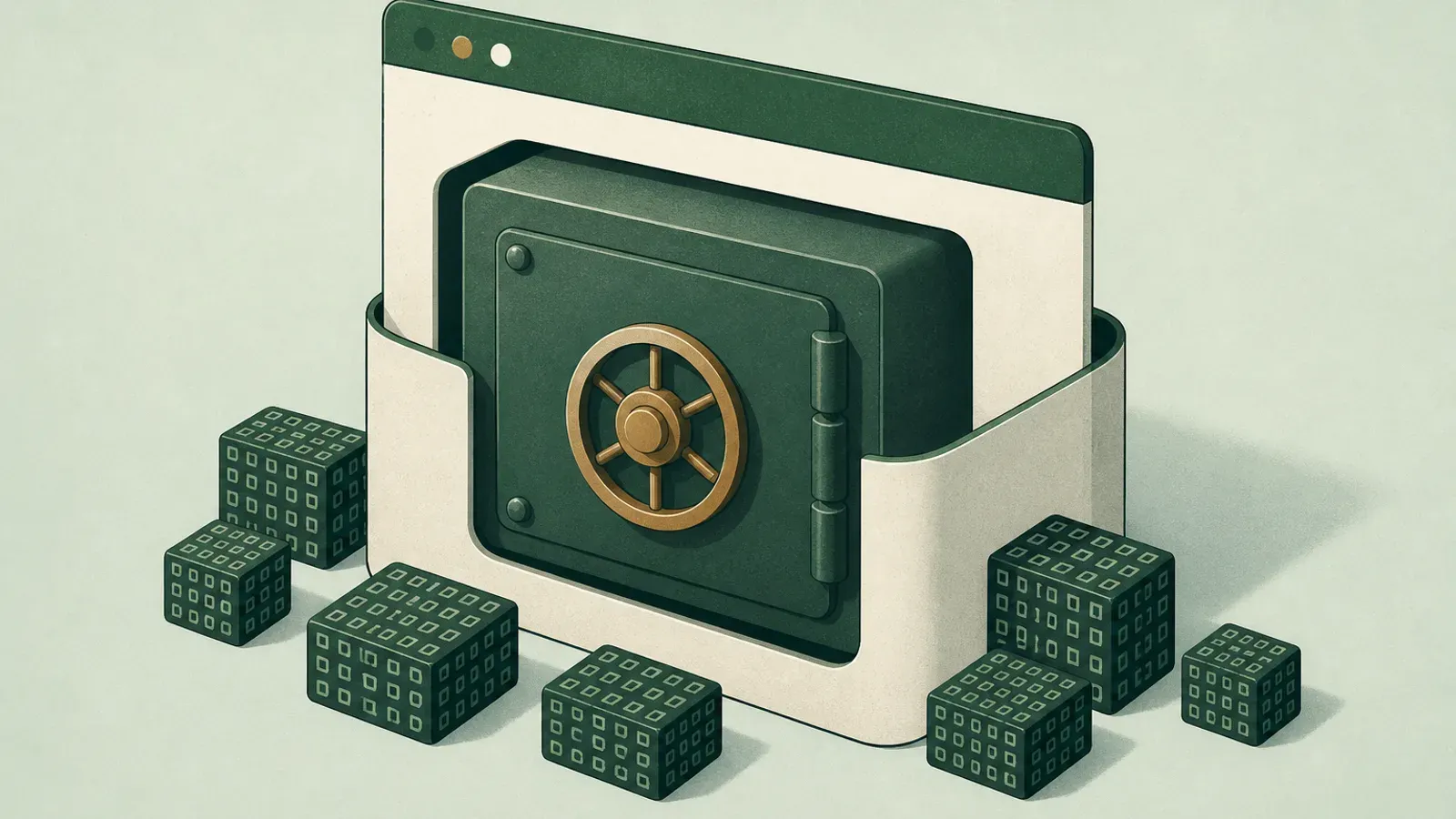 Soft illustration of a browser window wrapping a locked vault, ciphertext blocks outside