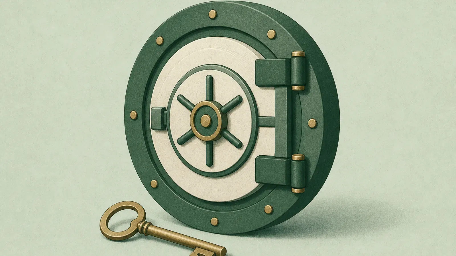 Soft illustration of a password vault door with a family handoff key resting beside it