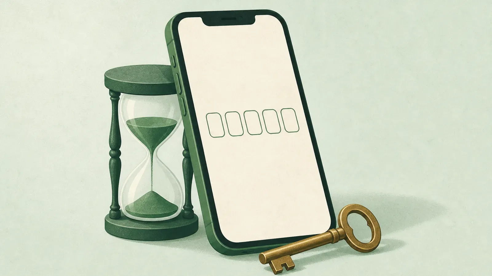 Soft illustration of a phone showing empty authenticator code fields beside an hourglass and a key